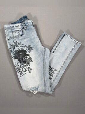 Ninth Hall Rogue Slim Fit Jeans Mens 34x33 Light Wash Tattoo Graphic Punk